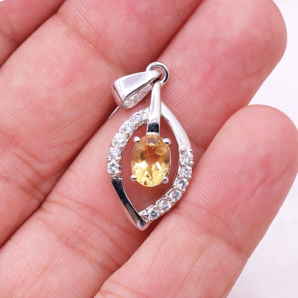 Naturale Taglio Ovale Citrino & Zirconi Marquise Forma Ciondolo 925 Argento - Immagine 3 di 4