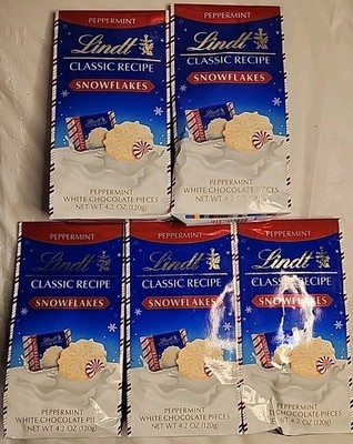 5 bags Lindt  Classic Recipe SNOWFLAKES PEPPERMINT WHITE Chocolate Exp 06/26