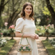 Vintage VALENTINO Garavani Leather Straw Enameled Handbag Small Green Flowers
