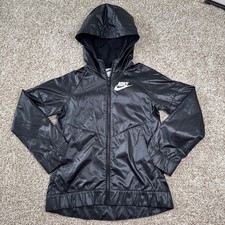 Nike Youth Size M Black Full Zip Windrunner Windbreaker Hooded Jacket