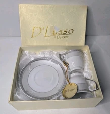 D'Lusso Designs Espresso Cup & Saucer Set of 2 White & Gray Geometric 2SQ-81 NIB