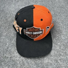 Vtg 1990s Harley Davidson American Needle Colorblock Snapback Hat Black Orange