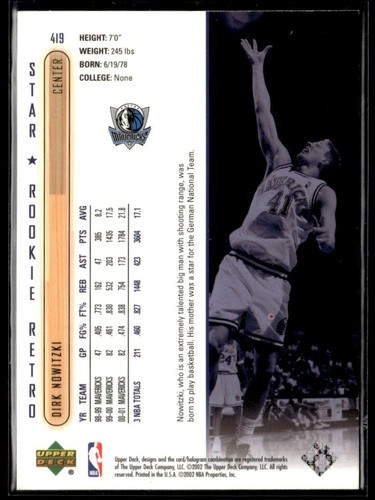 2001-02 Upper Deck Star Rookie Retro Retail Limited /50 Dirk Nowitzki Dallas - Picture 2 of 2