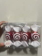 8 Red  White Peppermint Swirl Candy Christmas Holiday Ornaments Plastic Decor