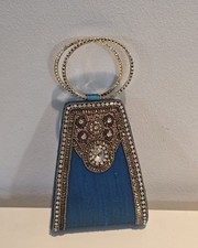 Beaded Evening Bag Blue Rhinestone Handle Purse Missing Stones