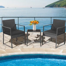 3PCS Patio Rattan PE Wicker Bistro Set Outdoor Furniture Set w/ Table & Cushion