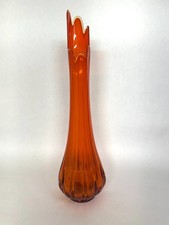 L E Smith Flame Amberina Swung Ribbed Stretch Floor Glass Vase 25  MCM