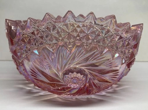 LE Smith Glass Comet in the Stars Iridescent Carnival Pink 7” Round Bowl