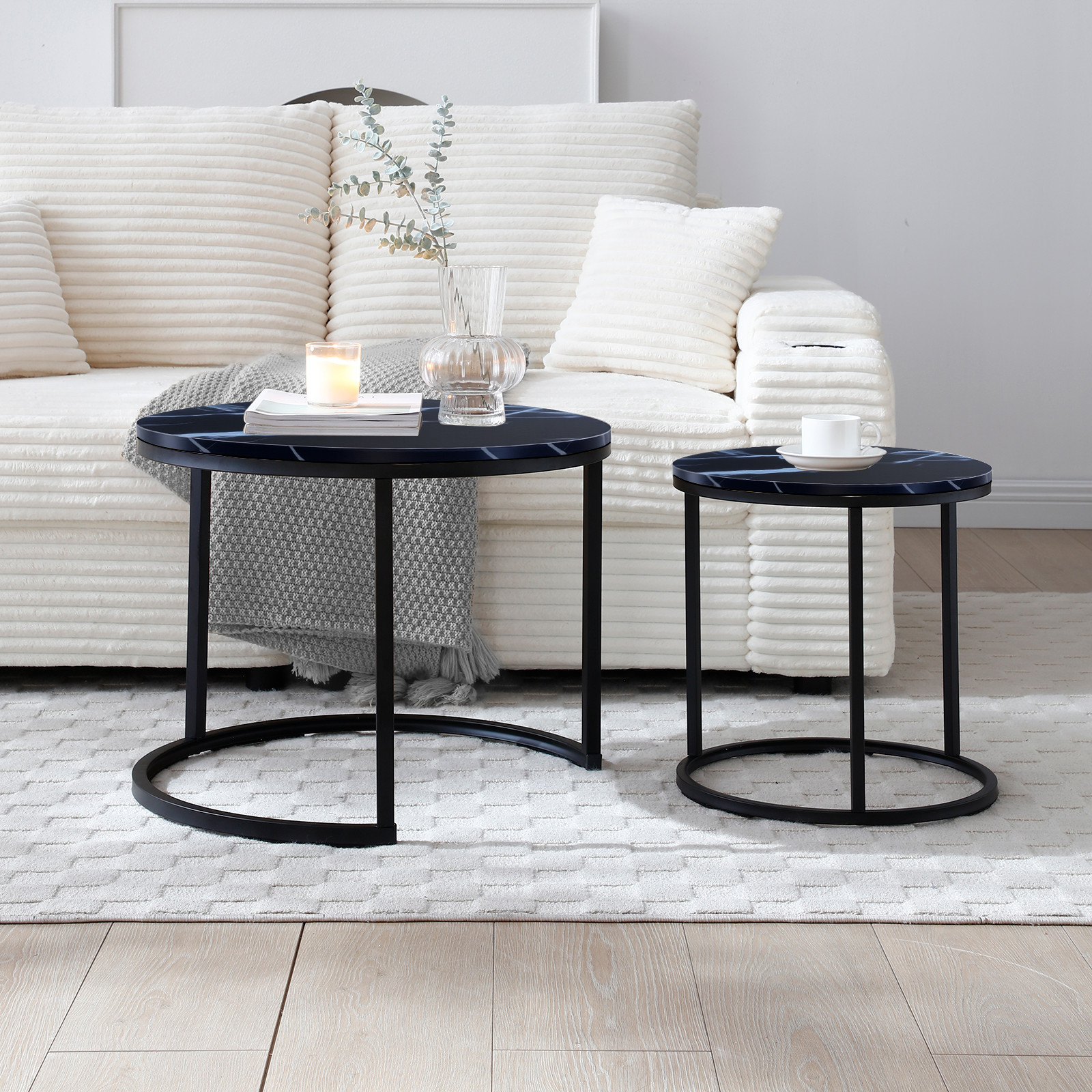 Nesting Coffee Table Round Side Table Set of 2 Marble Pattern Wooden Tables NEW