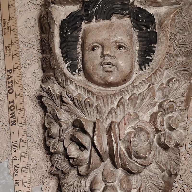 Antique STUNNING Wood Shelf Carved Cherub Architectural Salvage Handcarved NICE
