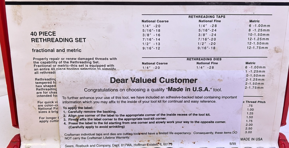 Craftsman Tools 40 Piece Rethreading Fractional & Metric Set in Case ...