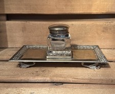 Vintage Silver Plated Metal Ink Well and Stand - Very Aged Metal Inkwell #SPR207
