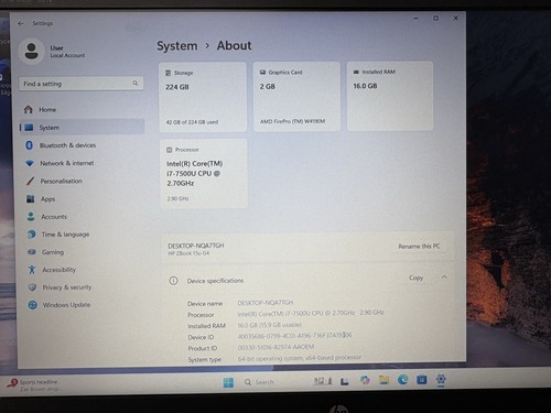 HP zbook 15u G4 Laptop i7-7500 AMDFIRE PRO W4910M 16GB RAM 256GB SSD Windows 11 - Picture 3 of 23