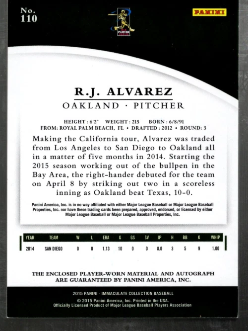 B4279- 2015 Immaculate Collection #110 R.J. Alvarez RC Auto Jersey /49 - NM-MT - Image 2 of 2