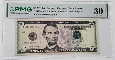 #ad $5 Bill LOW 2 Digit Serial Number 54 W 6 Leading 0s PMG 30 VF PA 00000054 A $289.99