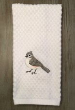 Embroidered Tufted Titmouse Gray Bird on White Kitchen Terry Dishtowel Towel