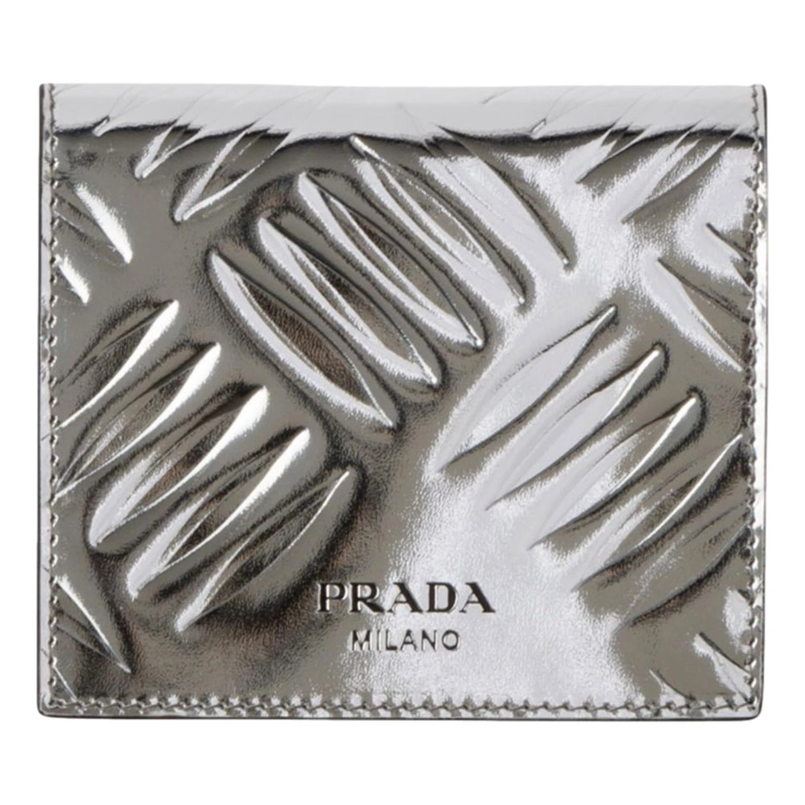 New Prada Spazzolato Bifold Card Wallet Metallic Silver Embossed Leather