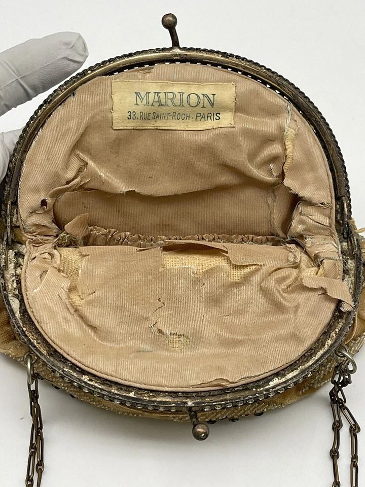 ANTIQUE MARION PARIS HANDMADE EVENING BAG EMBROIDERED CRYSTAL BEADS CLASP VELOUR - Image 2 of 4