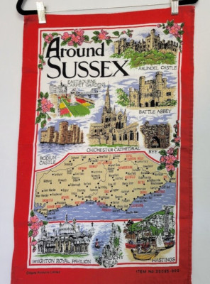 Around Sussex Tea Towel Souvenir Gift Map Seaside Brighton Castle Hastings 18x28