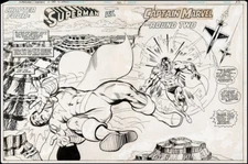 Superman vs Captain Marvel Double page splash art by Rich Buckler DC 1978 YOWZA!