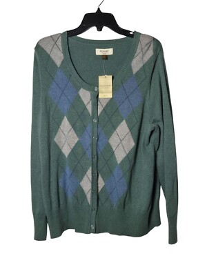 NWT Sonoma Womens Green Argyle Button-Up Cardigan Sweater Plus Size 1X Academia