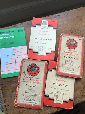 5 vintage OS one inch maps incl Hastings, Dolgelley, Salisbury and Bristol