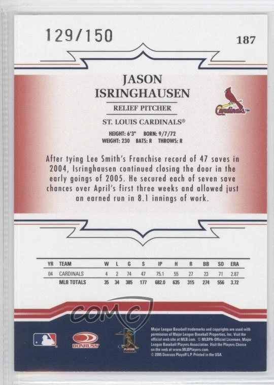 2005 Donruss Throwback Threads Blue Century Proof /150 Jason Isringhausen #187 - Image 2 of 2