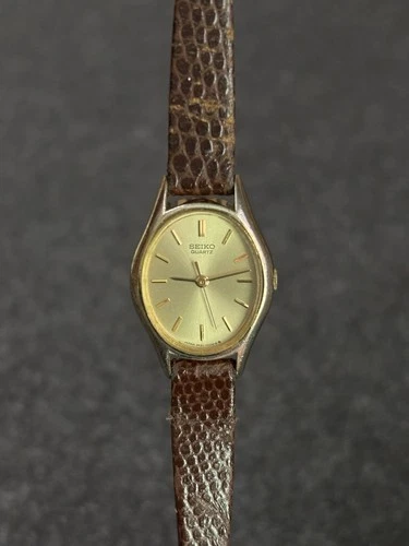 Seiko 3421-5019 Watch Women 20mm Gold Tone Dial Oval Leather Band - New Battery