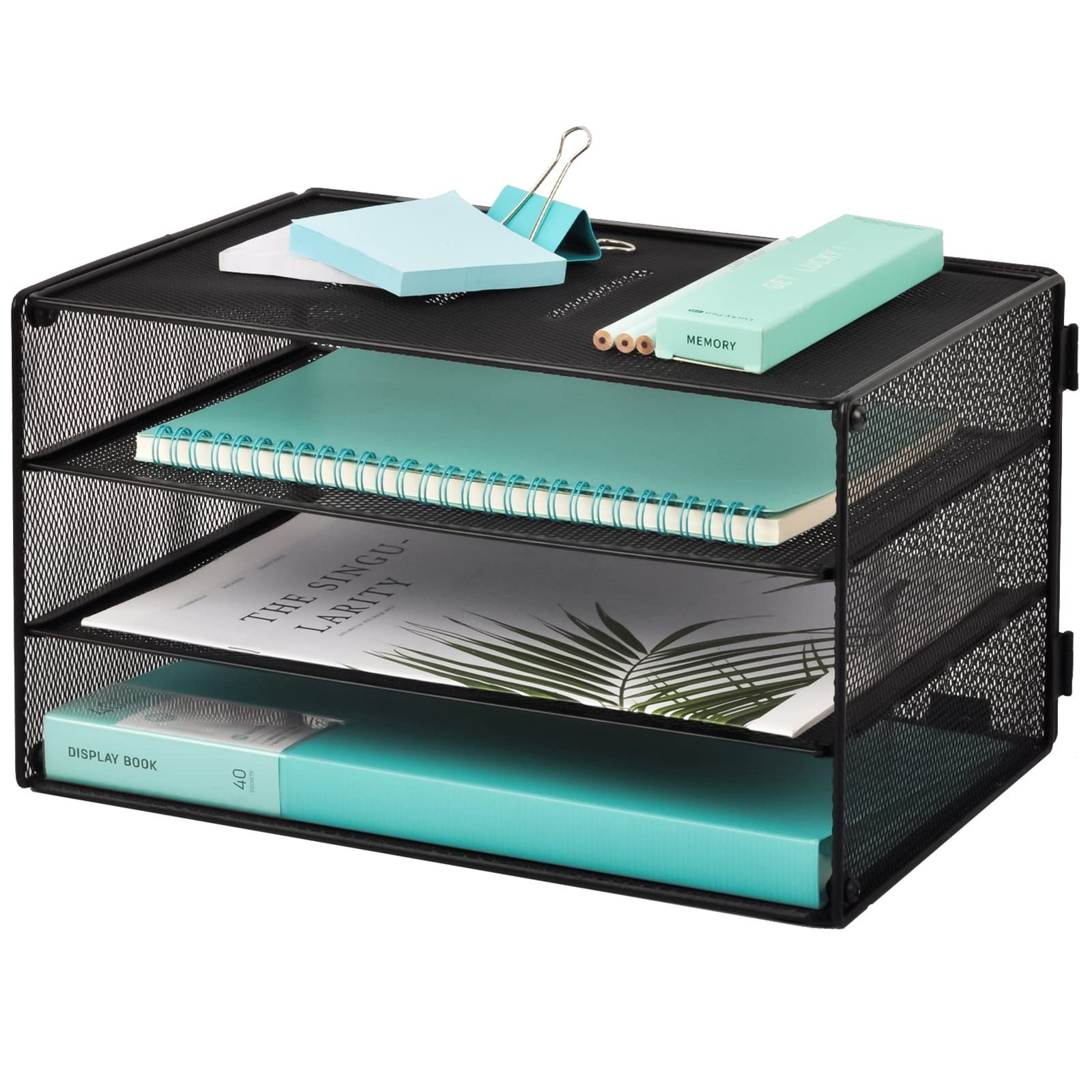 tPaper Organizer Tray, 3 Tier Mesh Desk File Organizer Letter Sorter Holder...-image