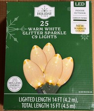 Holiday Time 25 LED WARM White GLITTER SPARKLE C9 Lights GREEN WIRE