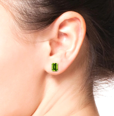 14k Solid Gold Peridot Solitaire Stud Earrings Emerald Cut 3.10 Ct Birthday Gift