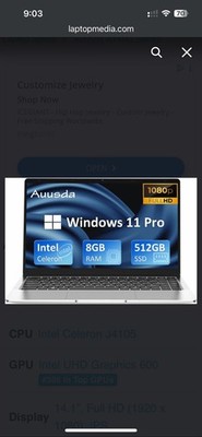 Auusda 14.1'' Notebook Laptop Intel Celeron J4125 8GB RAM 256GB SSD Windows 11 P 