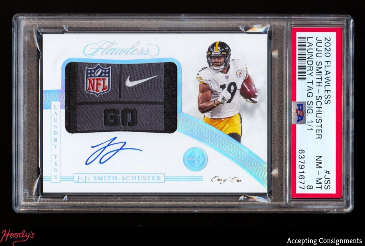 2020 Flawless JuJu Smith-Schuster GAME-USED NFL SHIELD TAG PATCH AUTO 1/1 PSA 8