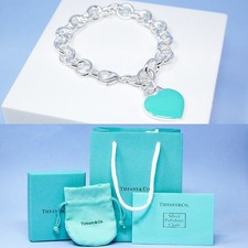 Tiffany Bracelet Silver Chain Link Blue Heart Charm & Gift Box Set Included 18cm