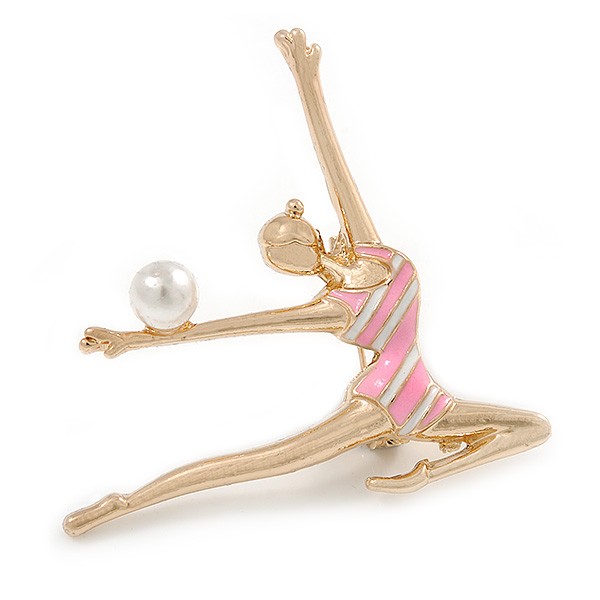 Broche para gimnasta rítmica esmaltado rosa/blanco tono dorado con bola de perlas -