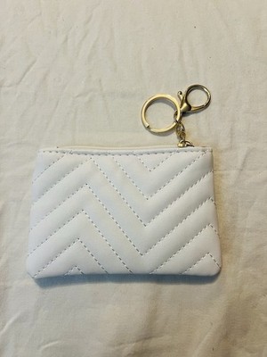 White Quilted Faux Leather Coin Purse/keychain With Chevron Pattern & Gold Tone