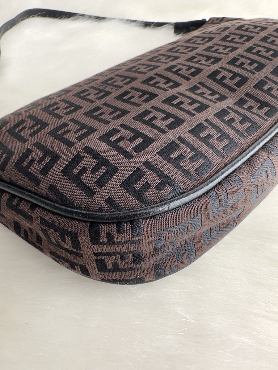 ✨Authentic FENDI FF Zucchino Canvas Pochette Shoulder Bag Dark