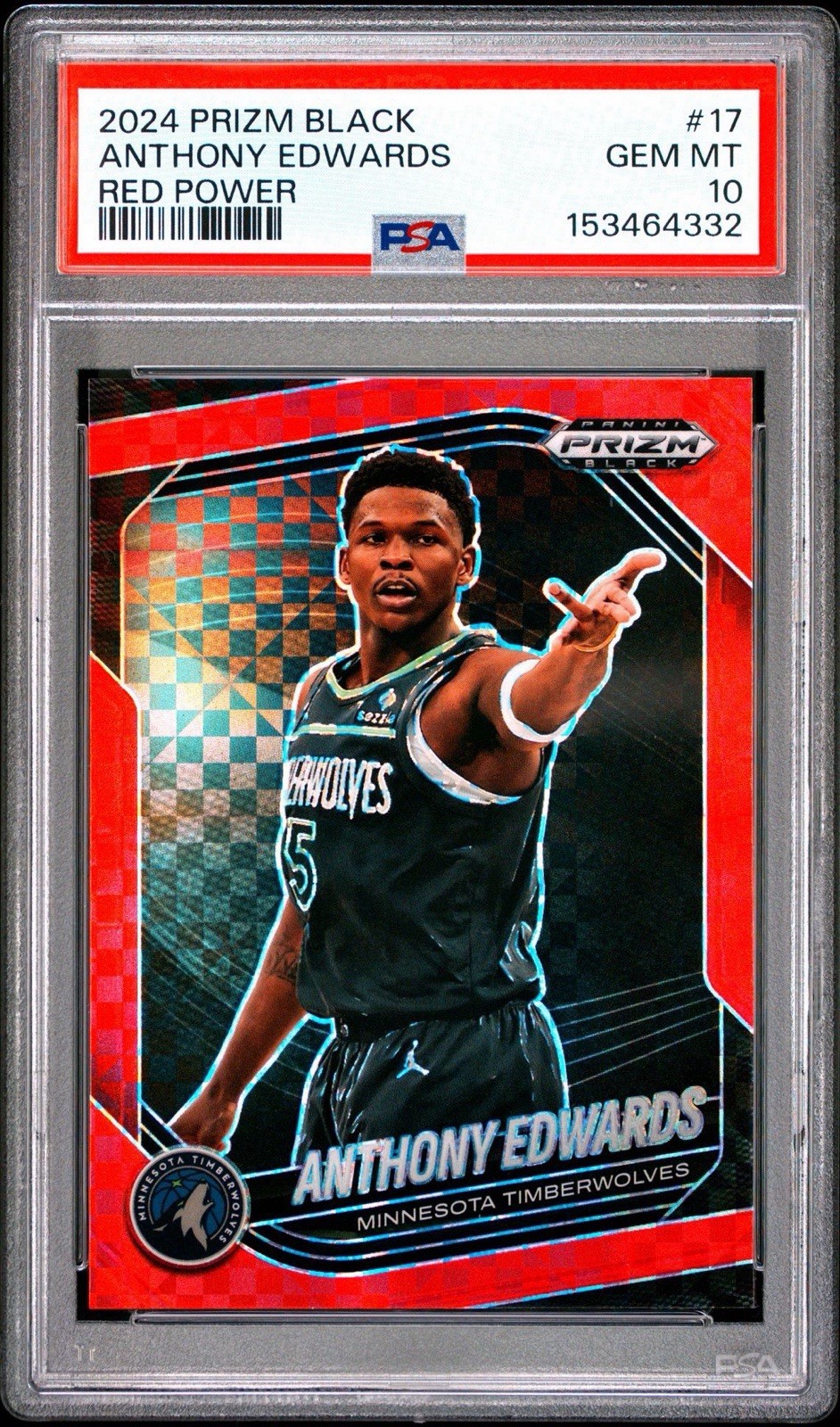 2024-25 Panini Prizm Black Red Power Prizm #/75 Anthony Edwards #17 PSA 10 view 1