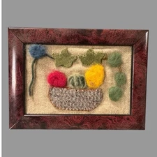 Primitive Antique Country Framed Basket of Fruit Floral Still Life Felt Folk Art