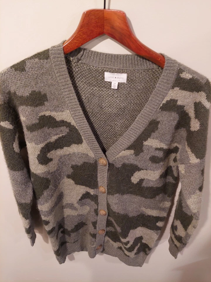 Suéter Lucky Brand Mujer Pequeño Verde Camuflaje Mezcla Lana Botón Cárdigan Años 90 Y2K Foto 3 de 4