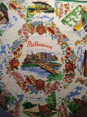 Citer Melbourne Australia Floral Souvenir  Tablecloth Linen Vtg 50s 60s