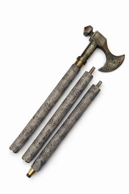 Victorian Brass Solid Axe Head Handle With Engraved Leather Walking Stick Cane