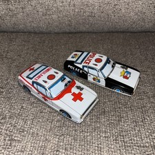 Two tin toy Police Ambulance Cars Friction Made in Japan