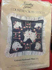 Vtg '82 Something Special Counted Cross Stitch Kit Unicorn Patchwork Pillow