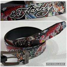 Ed Hardy Men Size 36 Coy Fish Multicolor Print Black Belt With Rivet Studs New