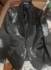 Men s Black Silver Floral Tuxedo Jacket with Rhinestone Shawl Lapel