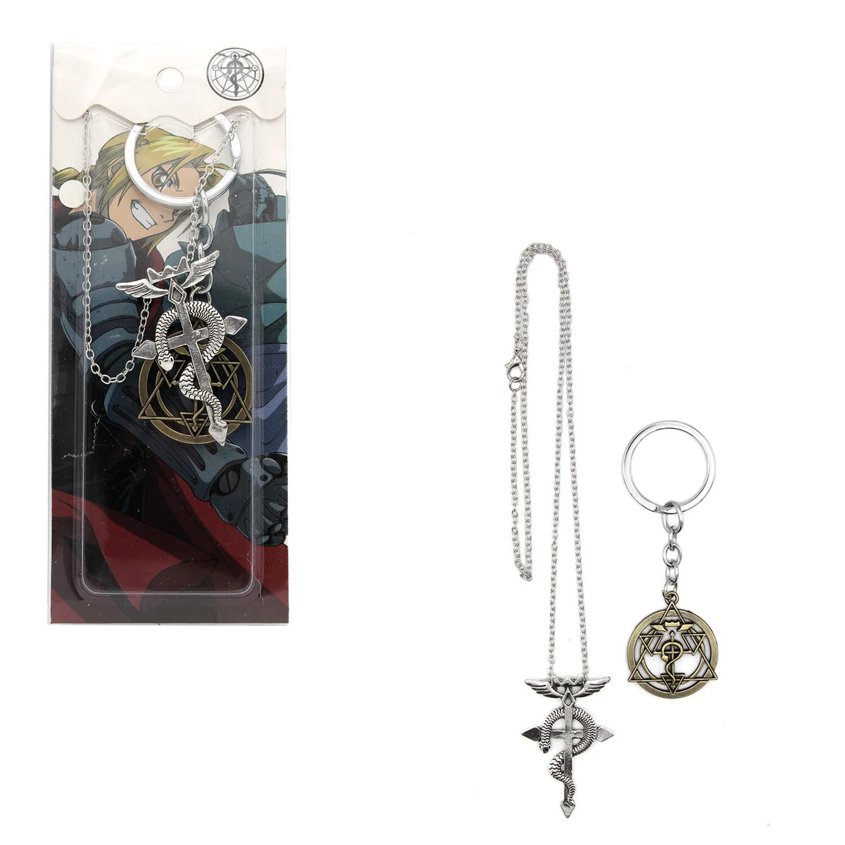FLAMEL BLOOD SEAL Fullmetal Alchemist 2 in. 2 Pcs. Necklace Key Chain Set FMA