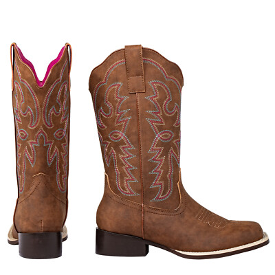 Women Pull On Square Toe Western Mid Calf Boots Low Heel Cowboy Cowgirl  Boots