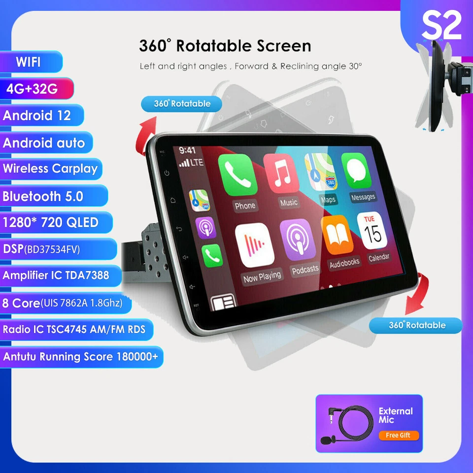 10.1" Rotatable Car Stereo Radio Android 12 1 Din GPS Wifi Carplay DSP 4+32GB - Image 3 of 4