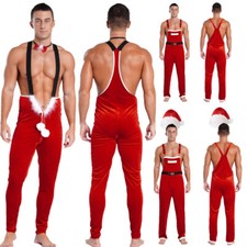 Men's Christmas Costume Santa Claus Flannel Jumpsuit Overalls with Santa Hat